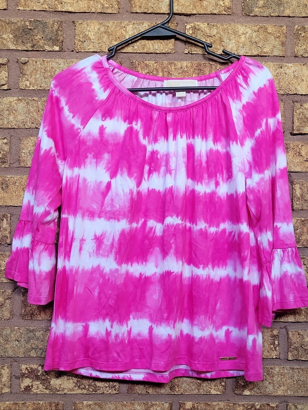 Michael Kors Pink & White Tie-Dye Ruffle Sleeve Blouse Cotton Modal Size Small